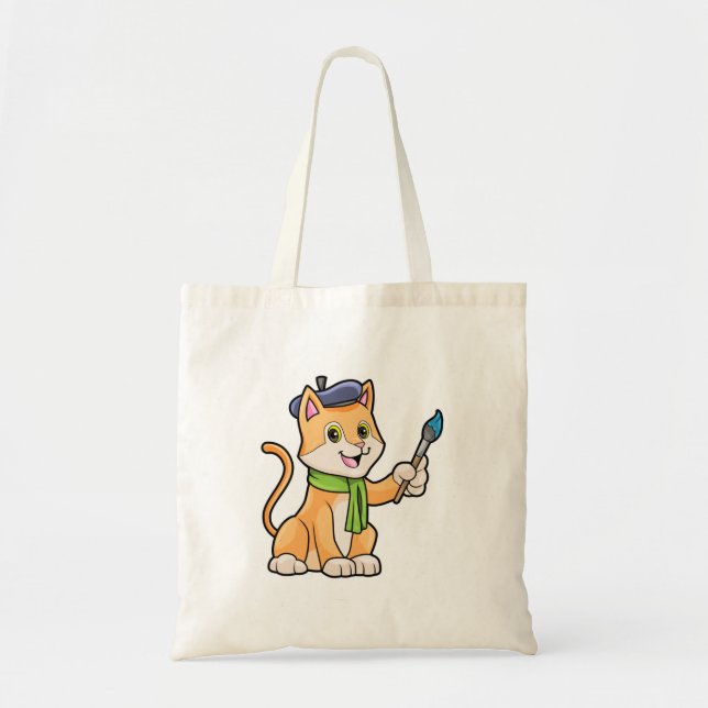 Tote Bag Chat comme Peintre avec pinceau et écusson (Devant)