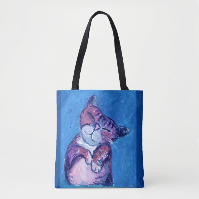 Tote Bag Chat confortable peint Kitty mignon Feline Fun Blu (Devant)