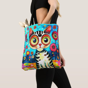 TOTE BAG CHAT COUPANT AVEC GRANDS YEUX DESIGN ABSTRAIT