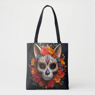 Tote Bag Chat crâne sucre avec fleurs Fourre-tout