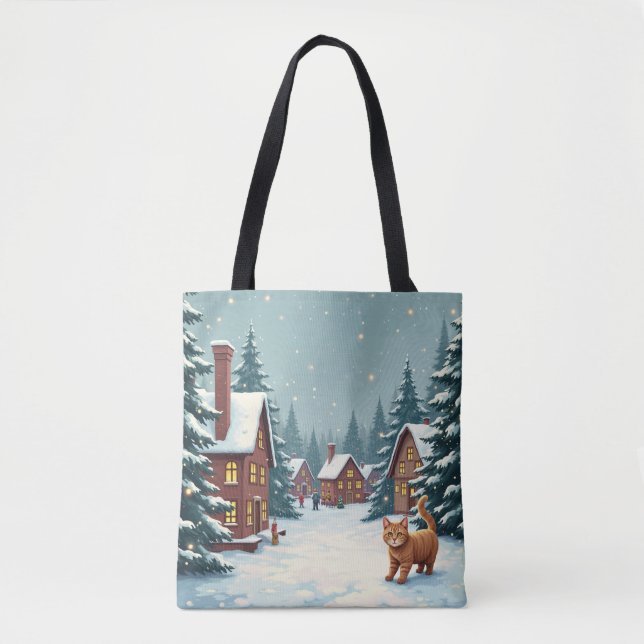 Tote Bag chat dans le village de noël (Devant)