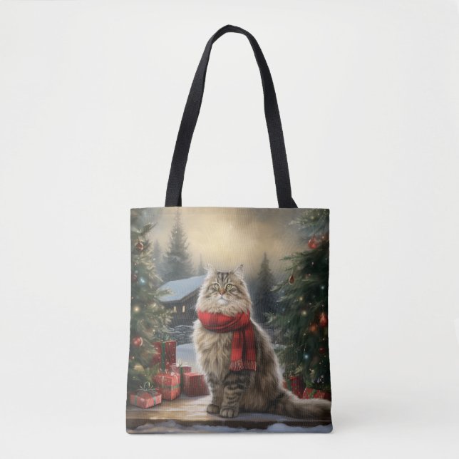 Tote Bag Chat de Sibérie en Noël de Neige (Devant)