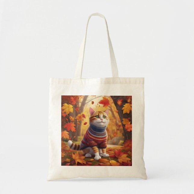 Tote Bag Chat douillet Profiter des feuilles d'automne Four (Devant)