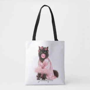 Tote Bag Chat en robe rose avec bigoudis et bubble-gum  