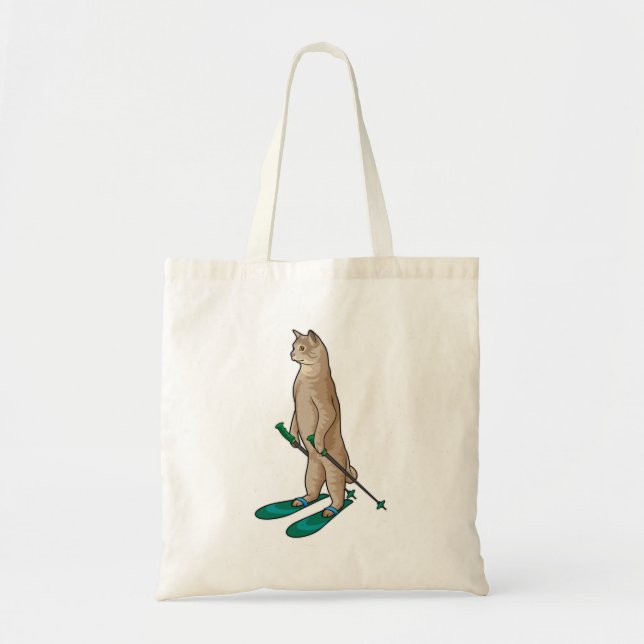 Tote Bag Chat en Ski avec Pôles de Ski & Ski (Devant)