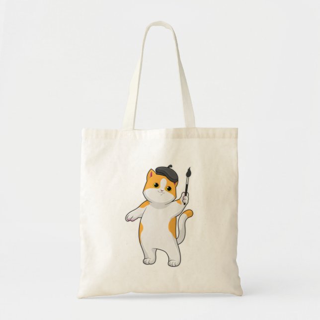 Tote Bag Chat en tant que Peintre avec pinceau (Devant)