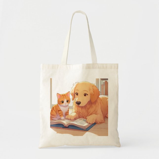 Tote Bag Chat et chien lisant un livre (Devant)