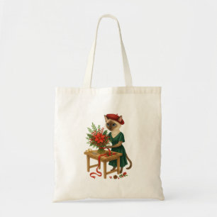 Tote Bag Chat fleuriste thème de Noël arranger des fleurs