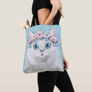 Tote Bag Chat floral blanc doux