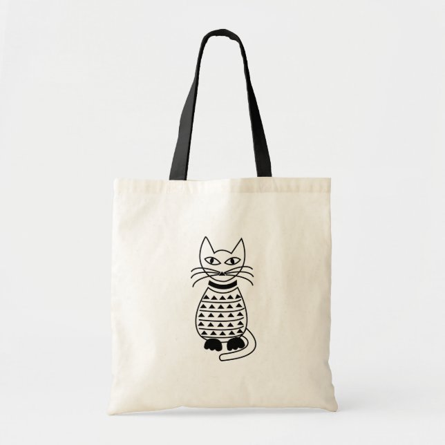 Tote Bag Chat géométrique noir et blanc Kitty (Devant)