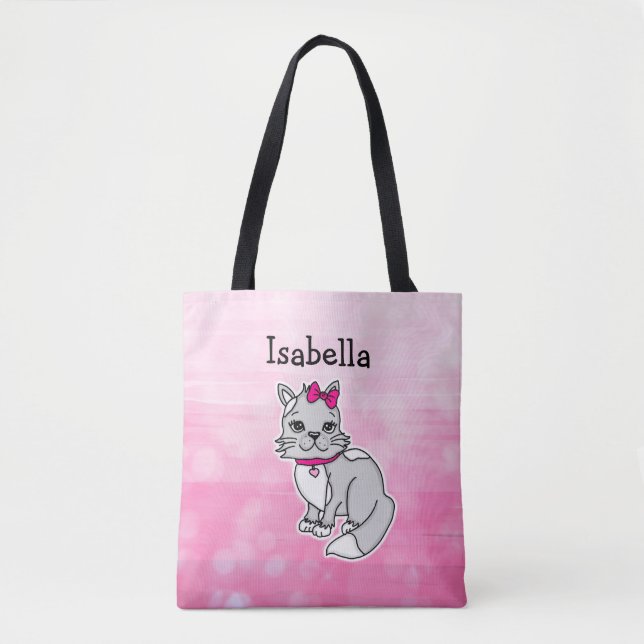 Tote Bag Chat gris et blanc Personnalisé Fille rose (Devant)