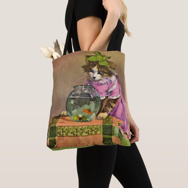 Tote Bag chat habillé et bol de poisson (De près)