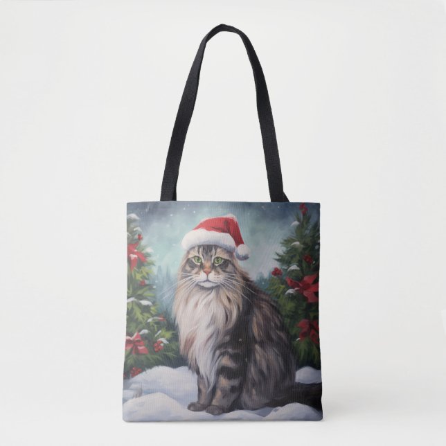 Tote Bag Chat Maine Coon à Noël de neige (Devant)
