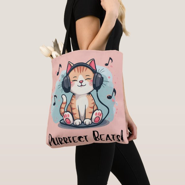Tote Bag Chat mignon avec casque Kawaii Music Lover Art (De près)