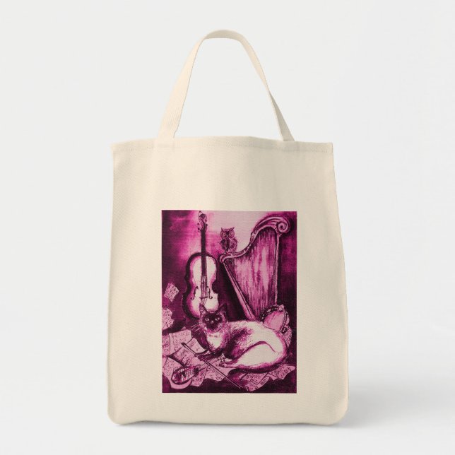 Tote Bag CHAT MUSICAL, rose Fuchsia violet et blanc (Devant)