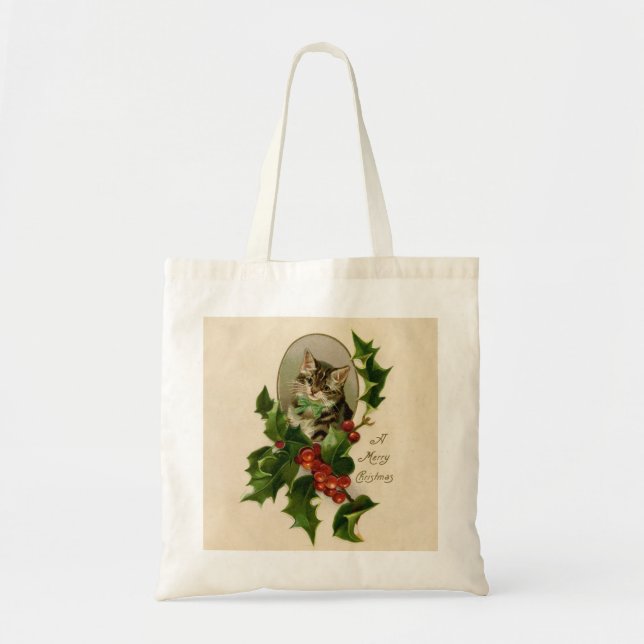 Tote Bag Chat Noël Joyau Holly Kitten Art antique (Devant)