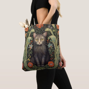 Tote Bag Chat noir Art nouveau et fleurs rouges