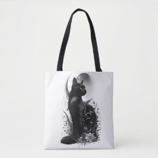 Tote Bag Chat noir assis parmi le feuillage botanique
