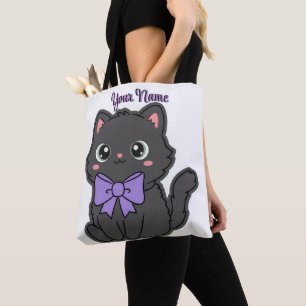Tote Bag Chat Noir Assis Ruban Violet Mignon Kawaii Personn