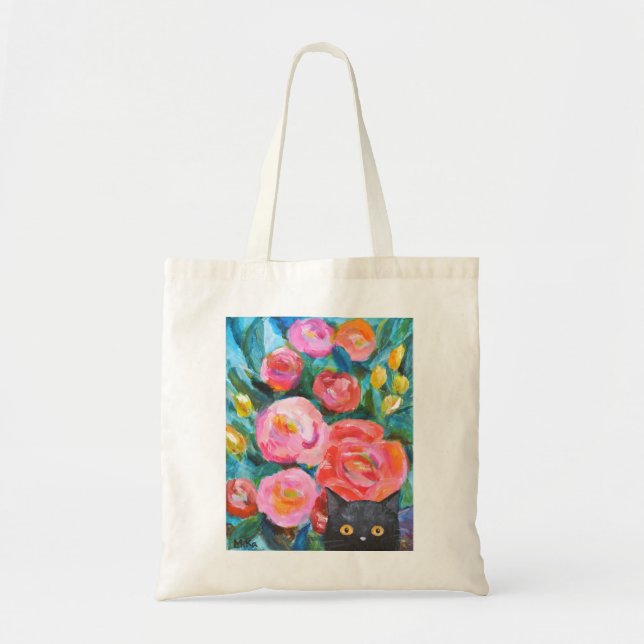 Tote Bag Chat noir avec Fleurs magnifiques unique Chat Art (Devant)