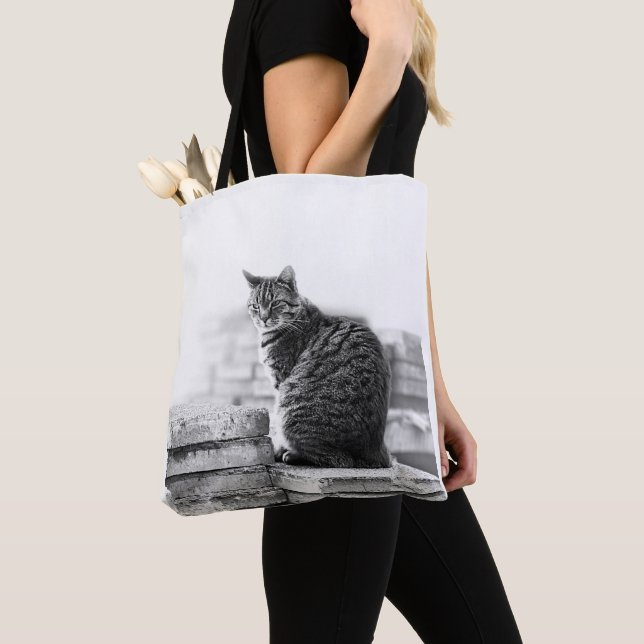 Tote Bag Chat noir blanc assis (De près)