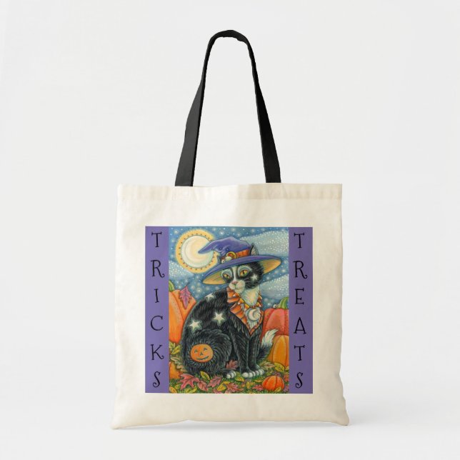 TOTE BAG CHAT NOIR CHAT WITCH & SOURIS HALLOWEEN TRICK OU T (Devant)