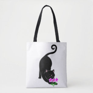 Tote Bag Chat noir chaton et fleurs roses