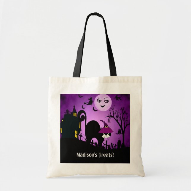 Tote Bag Chat noir de sorcière violette (Devant)
