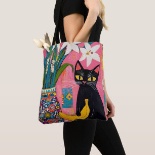 Tote Bag Chat noir drôle Banane et Vase de fleurs