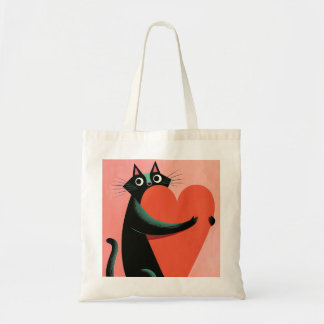 Tote Bag Chat noir étreignant un cœur Rétro amateur de chat
