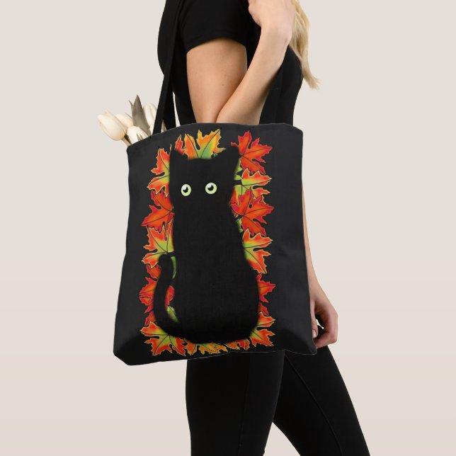 Tote Bag Chat noir, Feuilles d'automne motif, Halloween amu (De près)