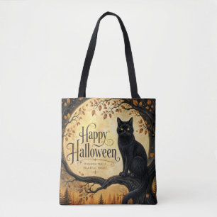 Tote Bag Chat noir Halloween pleine lune arbre