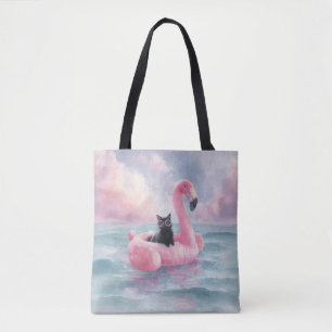 Tote Bag Chat noir lunaire en Flamant rose Float Fourre-tou