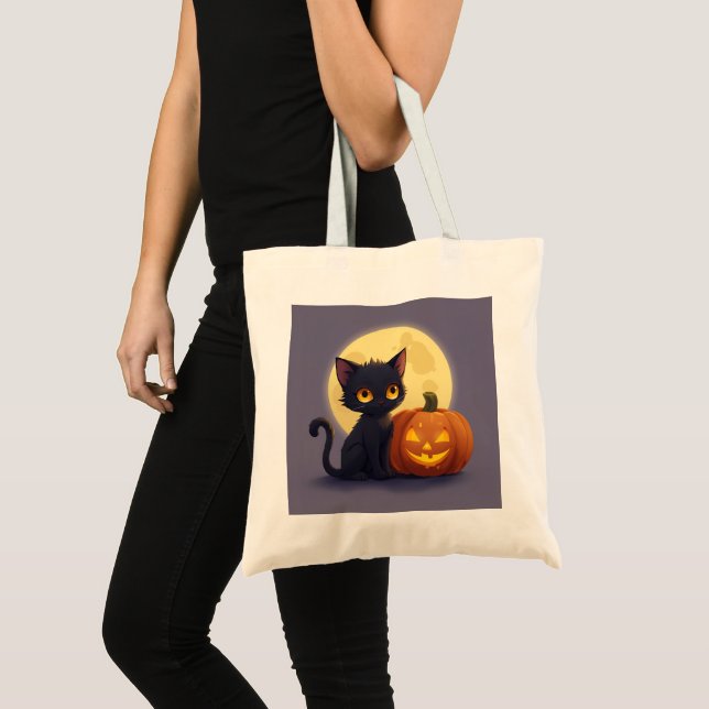 Tote Bag Chat noir mignon avec Citrouille sculpté brillant (Devant (produit))