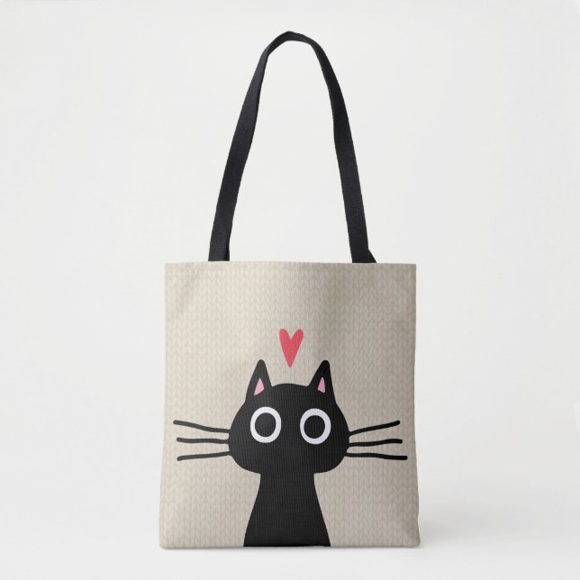 Tote Bag Chat noir mignon| Kitten au coeur de Valentine (Devant)