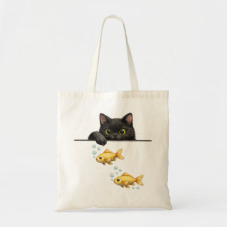 Tote Bag Chat noir mignon regardant l'art du poisson rouge