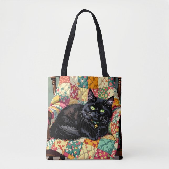 Tote Bag Chat noir mignon sur chaise à rocher (Devant)