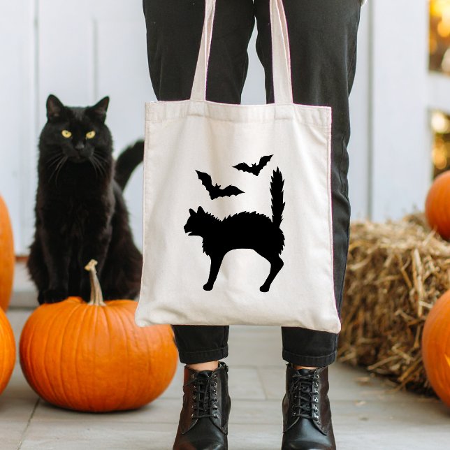 Tote Bag Chat Noir Peur Silhouette Avec Bats Halloween (Disclaimer: This image is a digital mockup.)