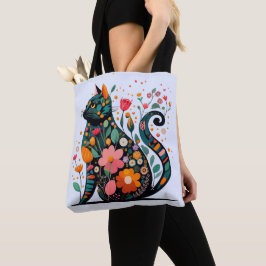 Tote Bag Chat noir silhouette faite de fleurs colorées