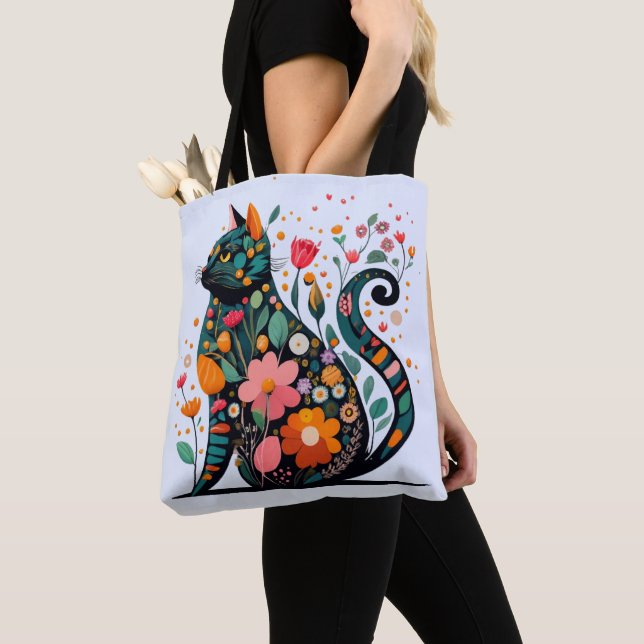 Tote Bag Chat noir silhouette faite de fleurs colorées (De près)