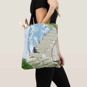 Tote Bag Chat noir sur les marches Poster, Grèce Santorin