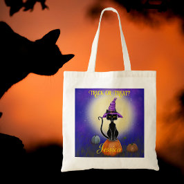 Tote Bag Chat noir violet sorcière casquette Lune citrouill