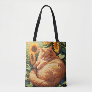 Tote Bag Chat orange gras doré avec tournesol