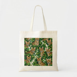 Tote Bag Chat Serval et Motif de Feuilles Tropicales