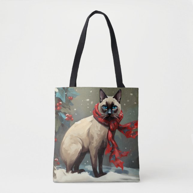 Tote Bag Chat siamois à Noël de neige (Devant)