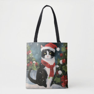 Tote Bag Chat Smoking dans Noël enneigé