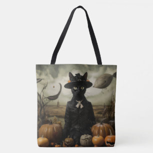 Tote Bag Chat Sorcière avec Citrouilles