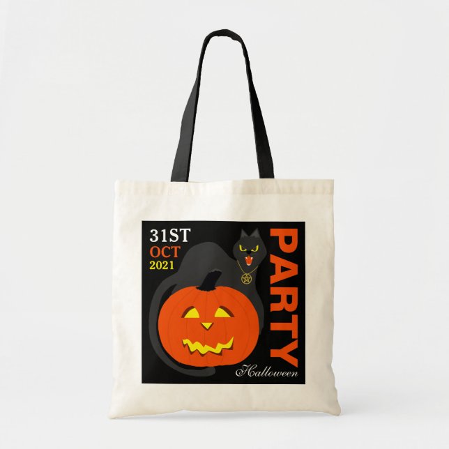 Tote Bag Chat sur Citrouille, Halloween (Devant)