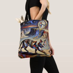 Tote Bag Chat surréaliste faisant fondre les horloges inspi