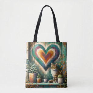 Tote Bag Chat tigré et cœur rustique dessin artistique colo